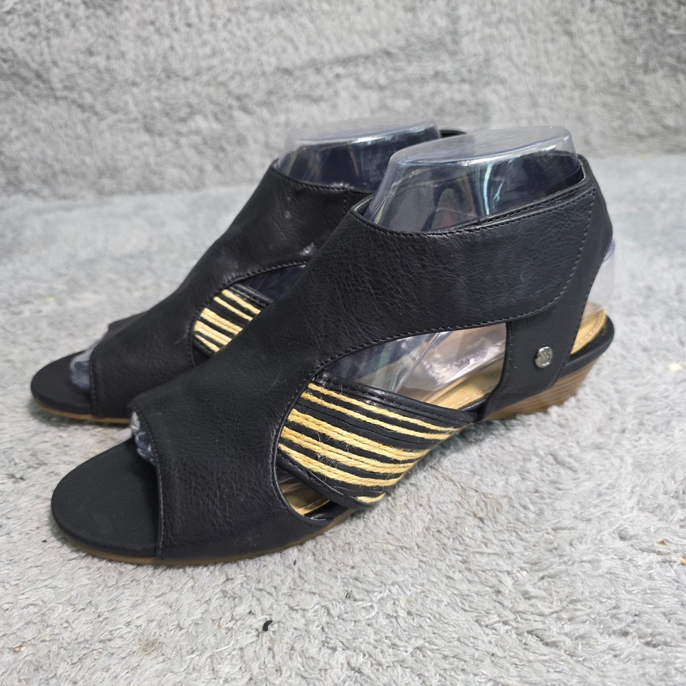 VTG Gloria Vanderbilt Leather Wedge Sandals Black Jute Strappy Women Size 9
